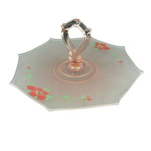Server Depression Glass Frosted Pink Octagonal Sandwich Dessert Hand Painted 8 s